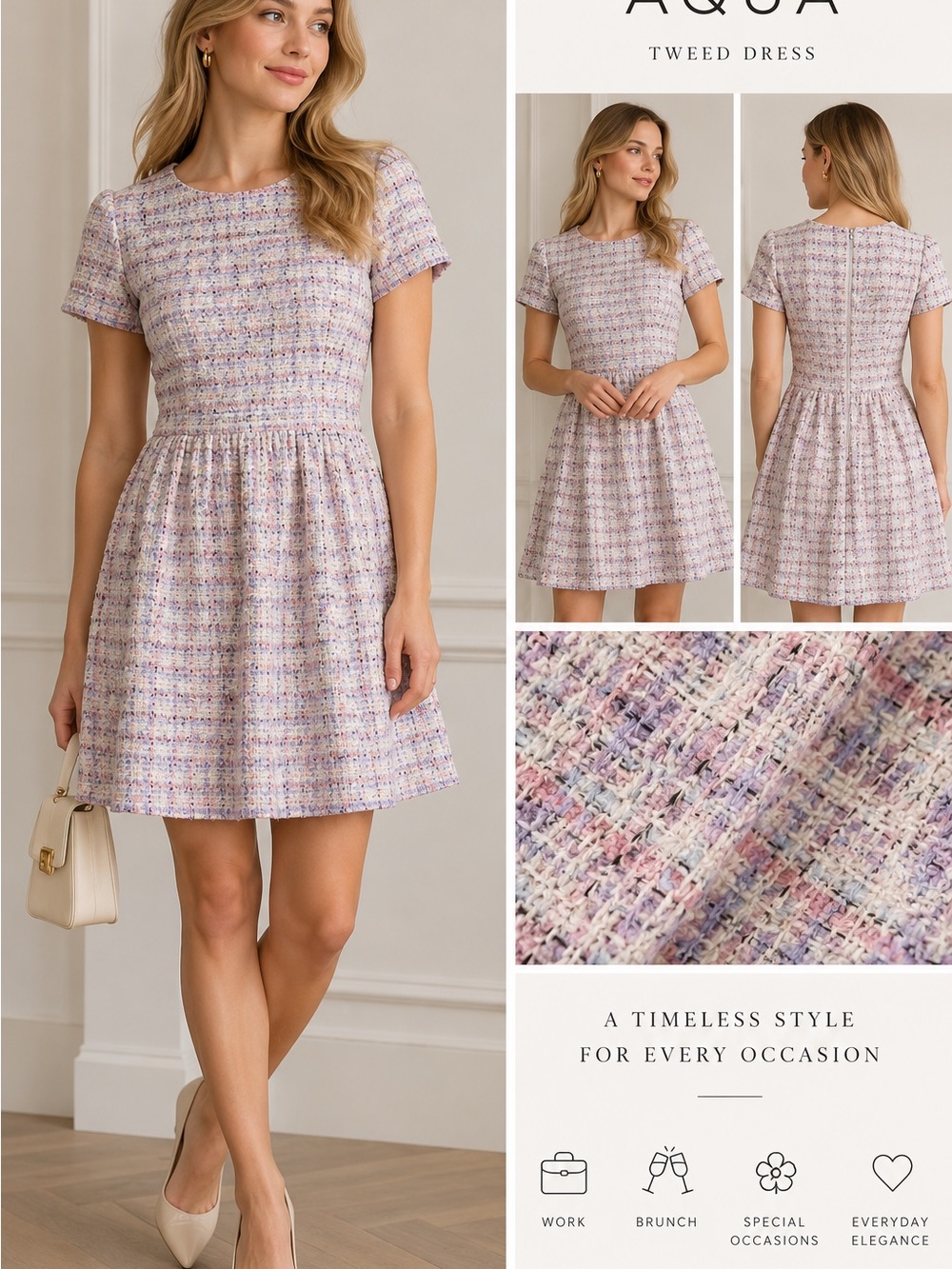 Aqua Tweed Plaid Fit & Flare Dress Multicolor Pink Zip Round Neck Size M